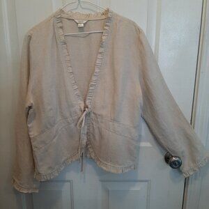 Christopher & Banks Linen Blend Jacket; Lightweight; Tie Front w/Ruffled Edge